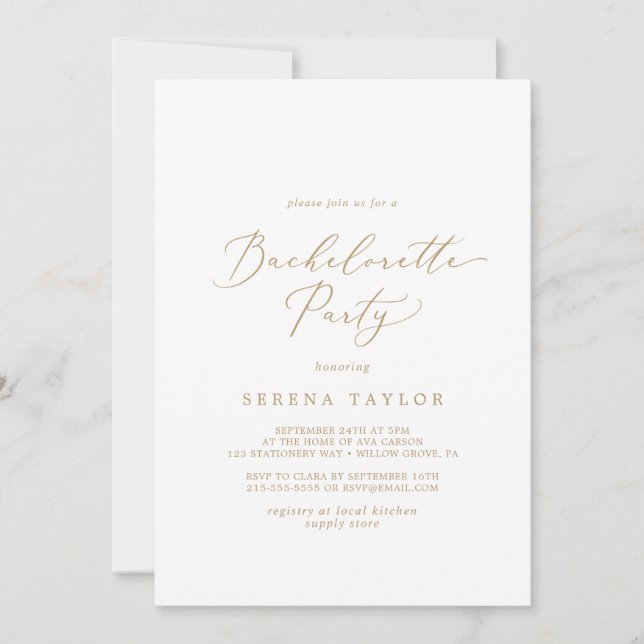 Invitation Bachelorette de la Calligraphie Or Delicate (Devant)