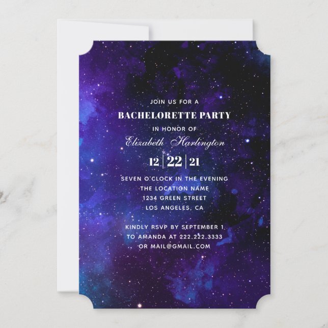 Invitation Bachelorette de l'espace. Mariage vedettes de nuit (Devant)