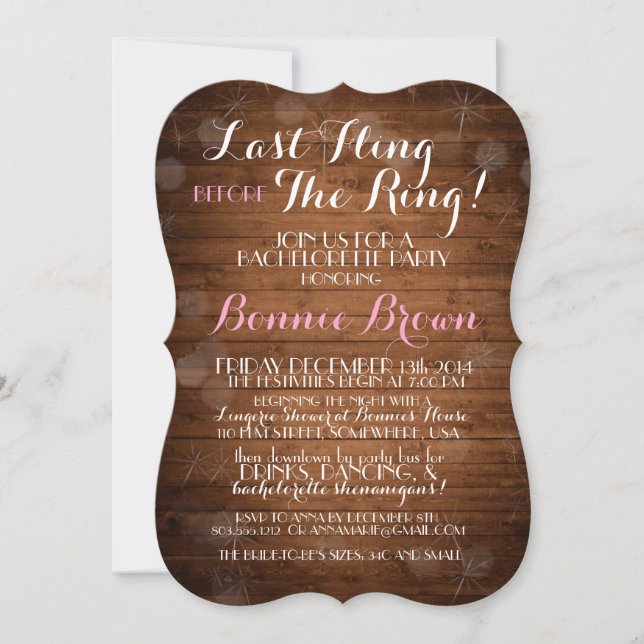 Invitation Bachelorette "Dernier Fling Before The  (Devant)