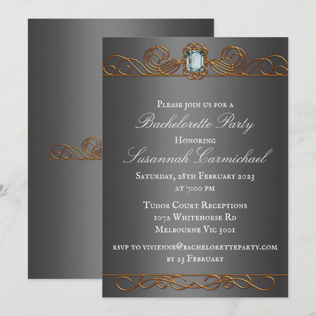 Invitation Bachelorette en argent foncé diamant et or (Devant / Derrière)