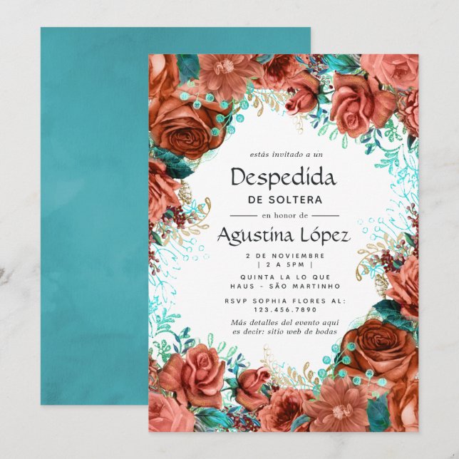 Invitation Bachelorette espagnole Turquoise et Coral Floral (Devant / Derrière)