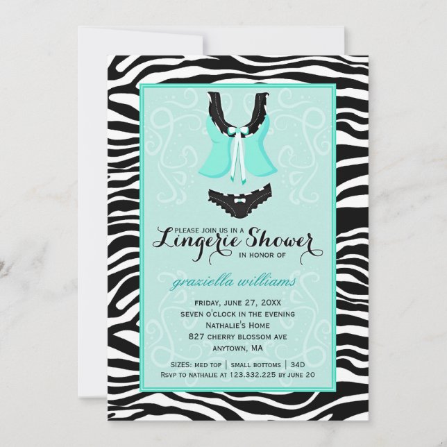 Invitation Bachelorette Fancy Wild Aqua Zebra Lingerie (Devant)