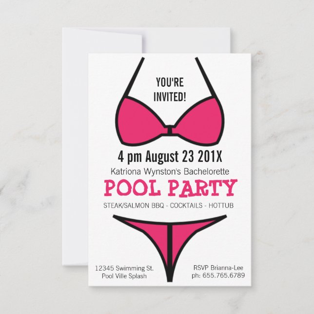 Invitation Bachelorette féminine de Bikini rose chaud (Devant)