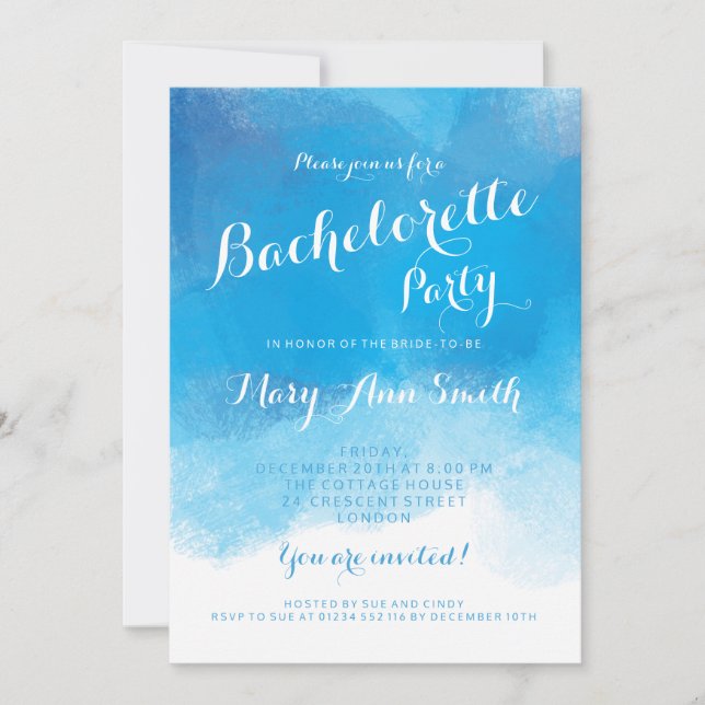 Invitation Bachelorette fête été bleu aquarelle (Devant)
