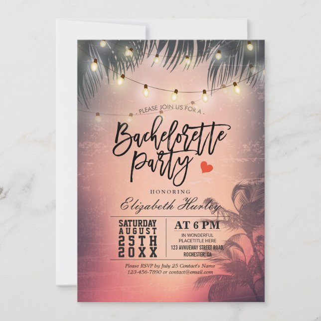 Invitation Bachelorette Fête Summer Beach Palm Trees Lumières (Devant)