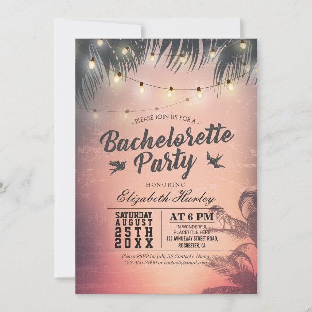Invitation Bachelorette Fête Summer Beach Palm Trees Lumières (Devant)