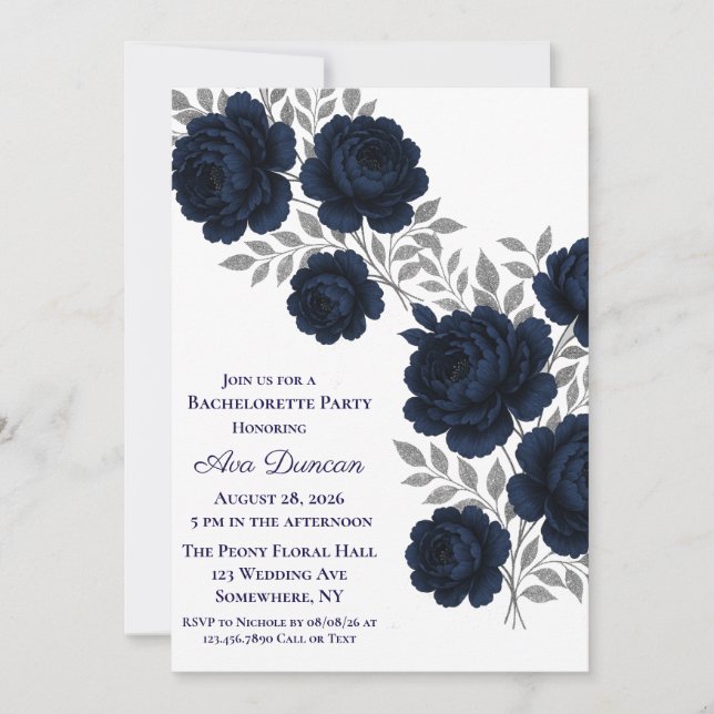 Invitation Bachelorette Feuille Marine Blue & Silver (Devant)