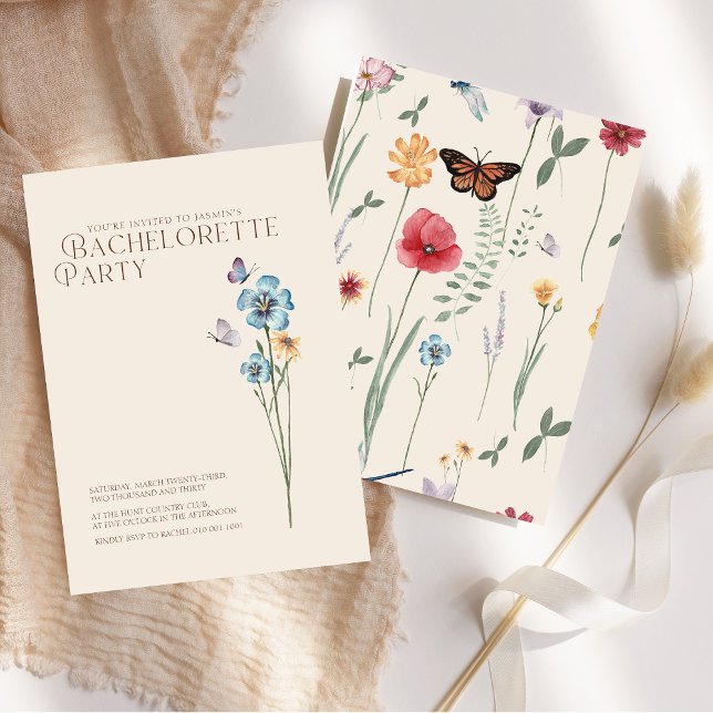 Invitation Bachelorette Fleur sauvage bleu simple (Simple Blue Wildflower Butterflies Bachelorette Invitation)