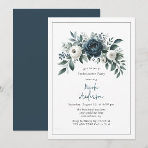 Invitation Bachelorette florale bleu marine et argent ivoire
