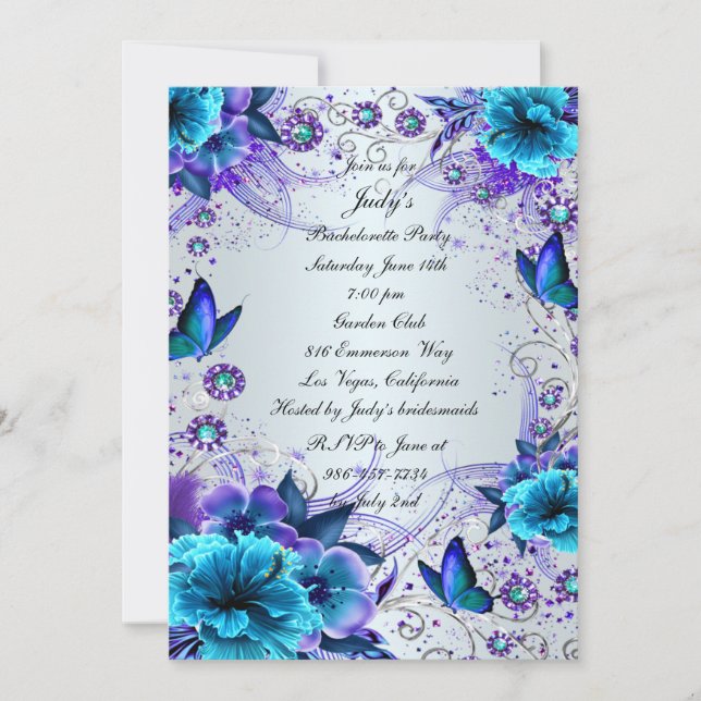 Invitation Bachelorette Florale Bleue Et Papillon (Devant)