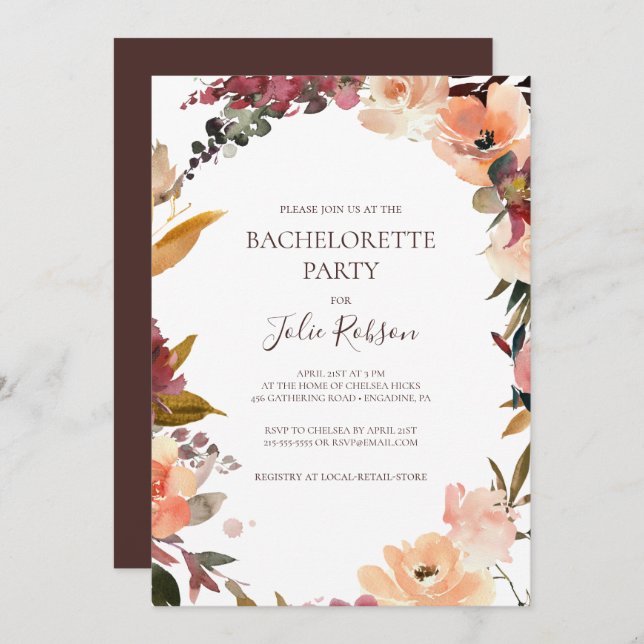 Invitation Bachelorette Florale Bourgogne (Devant / Derrière)