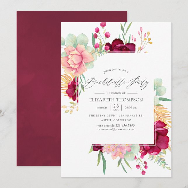 Invitation Bachelorette Florale Bourgogne et Blush (Devant / Derrière)