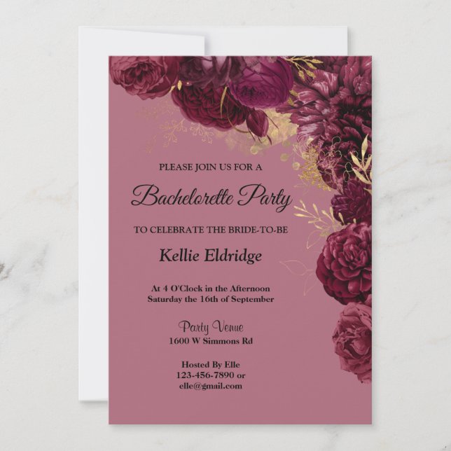 Invitation Bachelorette Florale Bourgogne Et Or (Devant)