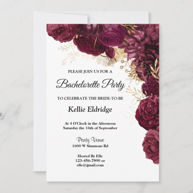 Invitation Bachelorette Florale Bourgogne Et Or (Devant)