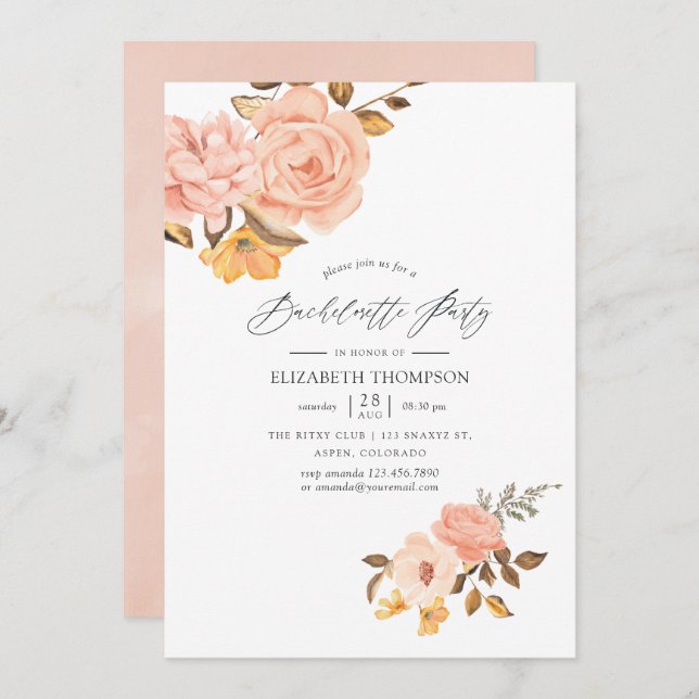 Invitation Bachelorette florale rose et or (Devant / Derrière)