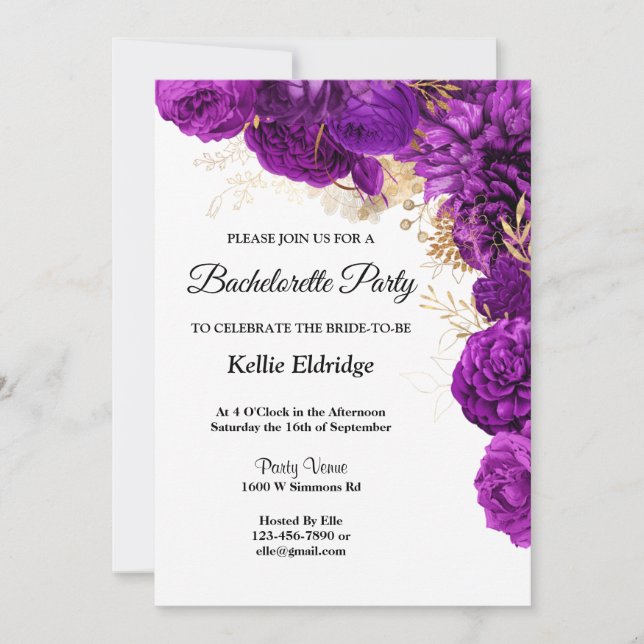 Invitation Bachelorette Florale Violet Et Or (Devant)