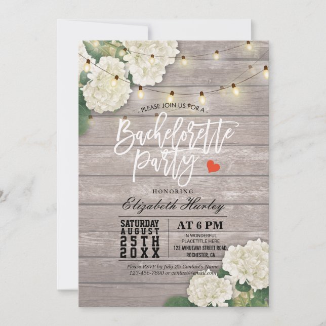 Invitation Bachelorette Flower String Lumière Bois rustique (Devant)