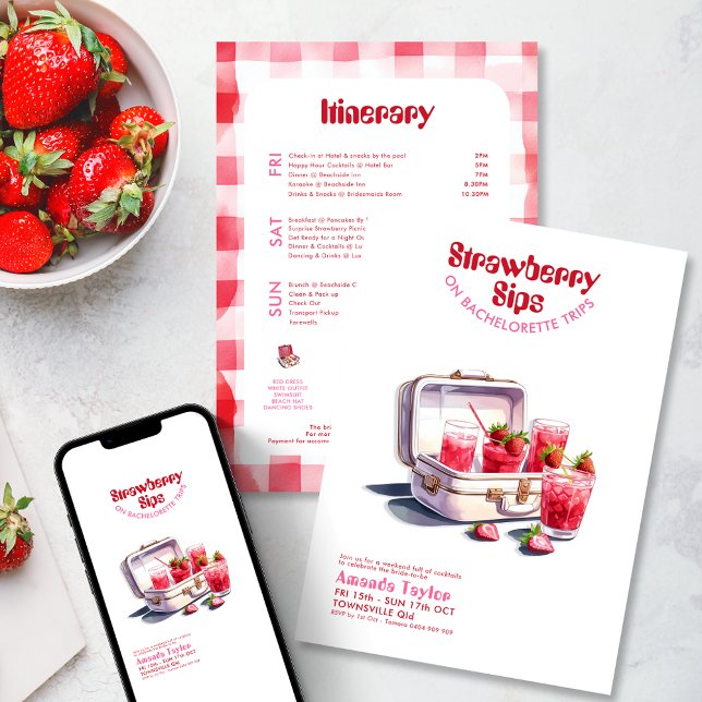 Invitation Bachelorette fraise Itinéraire Voyage de fin de se (Strawberry Bachelorette Weekend trip Invitation and itinerary. Pink red vintage cocktail watercolor )