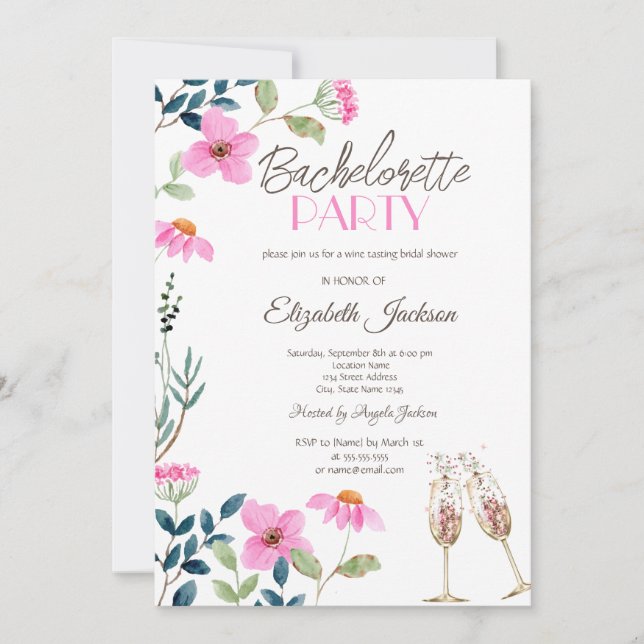Invitation Bachelorette Garden Pink Flowers (Devant)