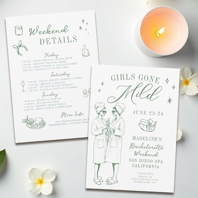 Invitation Bachelorette Girls Gone Mild Script Green Sketch (girls gone mild invitation bachelorette weekend itinerary sage green spa hand drawn script sketch)