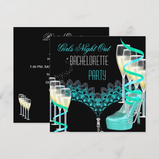 Invitation Bachelorette Girls Night Out Champagne Bleu Turquo (Devant / Derrière)