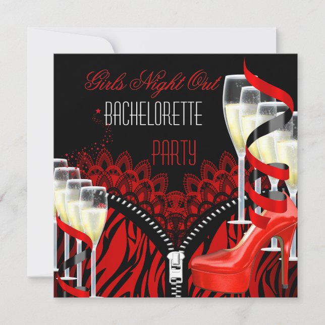 Invitation Bachelorette Girls Night Out Red Zebra Champagne (Devant)