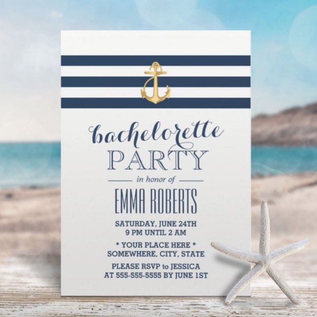 Invitation Bachelorette Gold Ancre Marine Stripes Nautique (Créateur téléchargé)