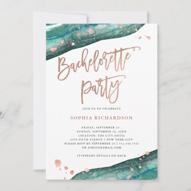 Invitation Bachelorette Gold Geode turquoise et Rose (Devant)