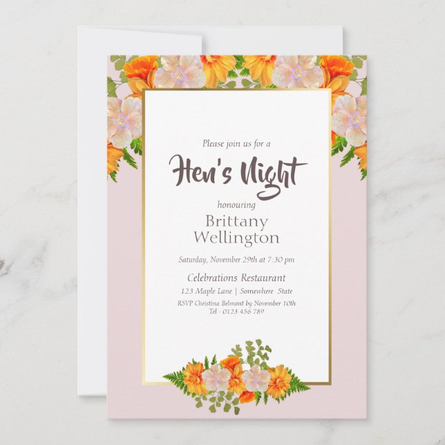 Invitation Bachelorette Hen's Night Gold Blush Pink Floral (Devant)