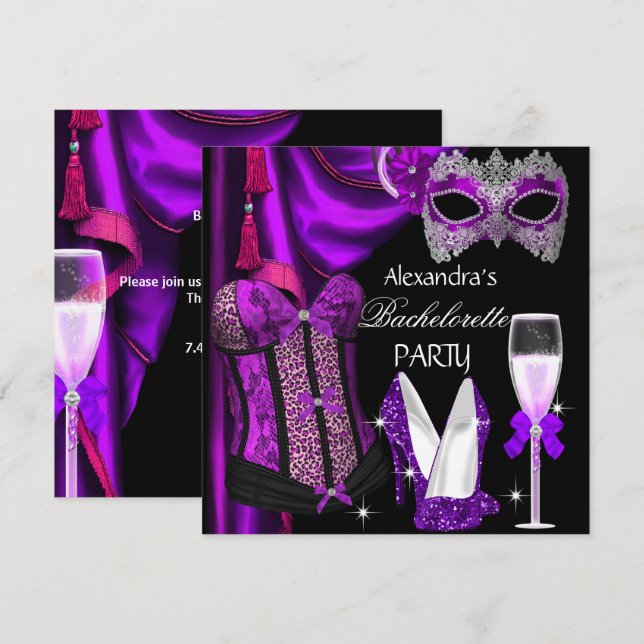 Invitation Bachelorette Leopard Champagne Masqué Violet (Devant / Derrière)