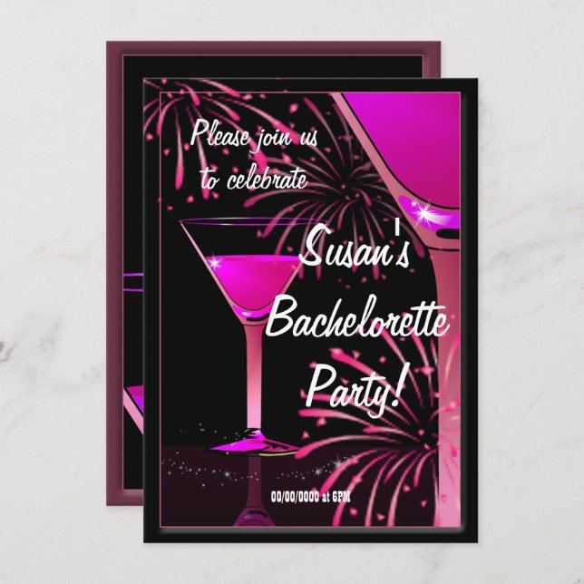 Invitation Bachelorette Martini Cocktail Pink Party (Devant / Derrière)