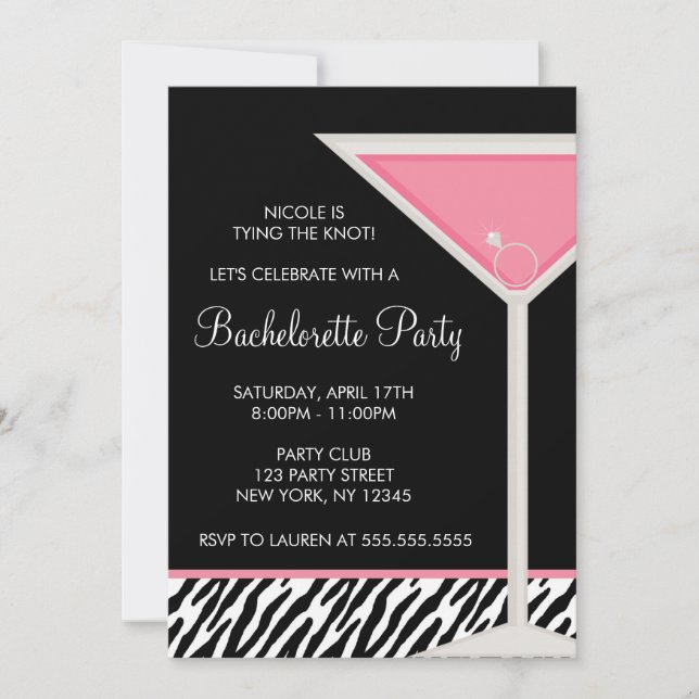 Invitation Bachelorette Martini Glass et Diamond Ring (Devant)