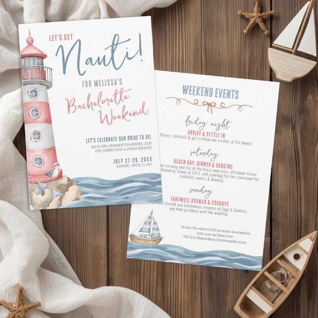 Invitation Bachelorette Nautique Cute Watercolor (Let's Get Nauti Nautical Bachelorette Party Invitation)