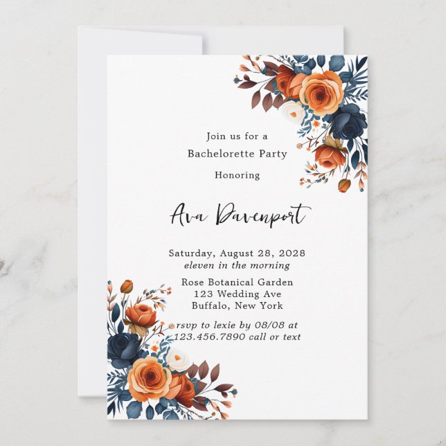 Invitation Bachelorette Navy Blue and Orange Peony (Devant)