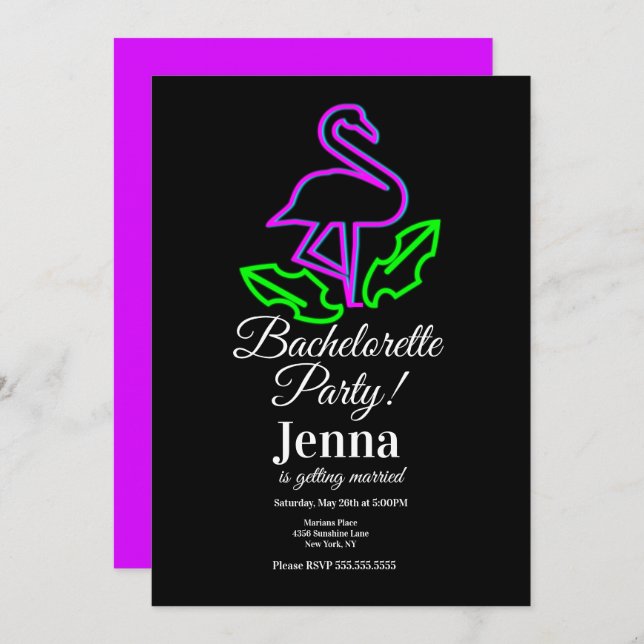 Invitation Bachelorette Neon Flamant rose Fête des mariées tr (Devant / Derrière)