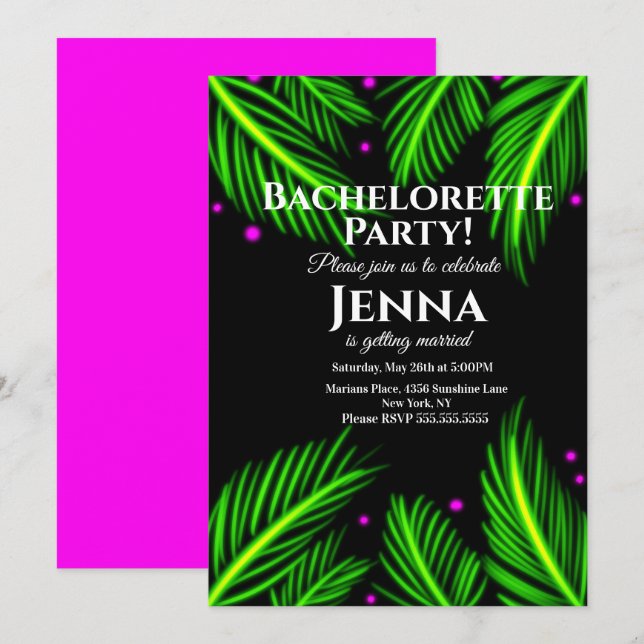 Invitation Bachelorette Neon Palm Leaf Fête des mariées tropi (Devant / Derrière)