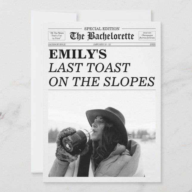 Invitation Bachelorette Newspaper Last Toast On The Slopes  (Devant)