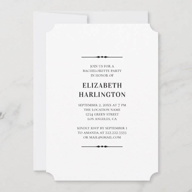 Invitation Bachelorette noire et blanche. Simple et moderne (Devant)