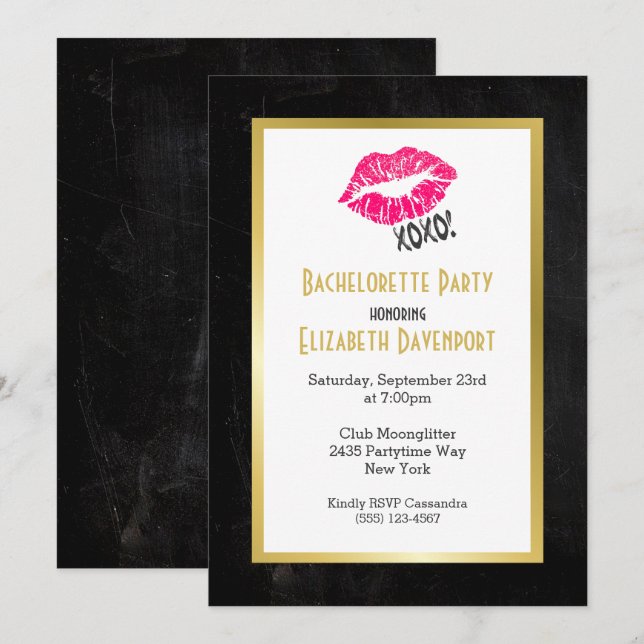 Invitation Bachelorette Noire et Or avec lèvres Kissy (Devant / Derrière)