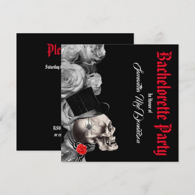 Invitation Bachelorette noire gothique, rock ou moker (Devant / Derrière)