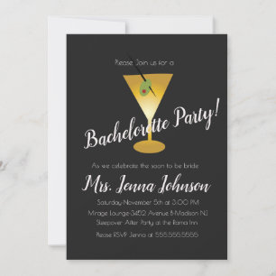 Invitation Bachelorette Parti Martini Verre Faux Or