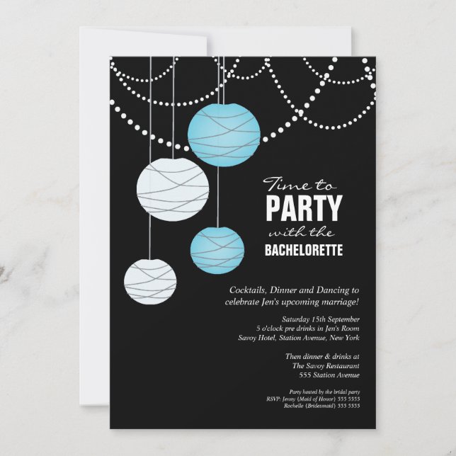 Invitation Bachelorette Party Aqua Blue Paper Lanterns Invita (Devant)