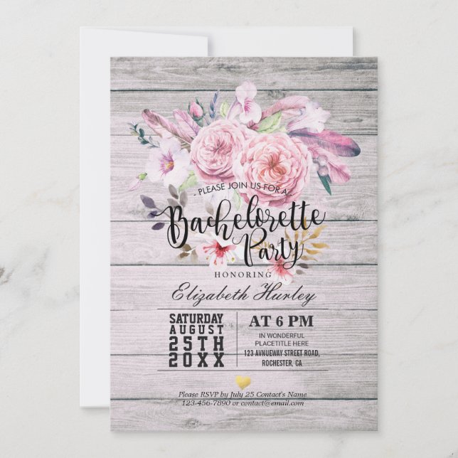 Invitation Bachelorette Party Aquarelle Boho Floral Feather (Devant)