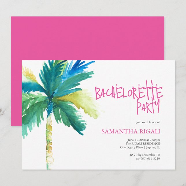 Invitation Bachelorette Party Aquarelle Tropicale Palm Tree (Devant / Derrière)