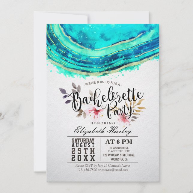 Invitation Bachelorette Party Aquarelle Turquoise Or Agate Ge (Devant)