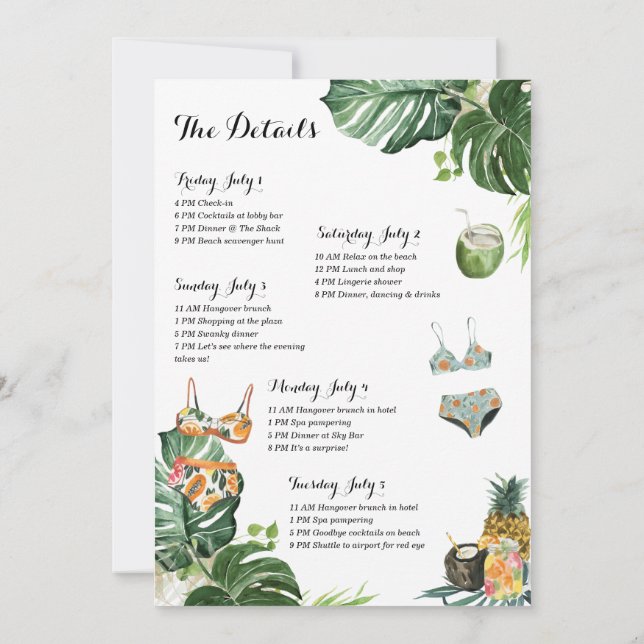 Invitation Bachelorette Party Beach Week-end Itinéraire (Dos)