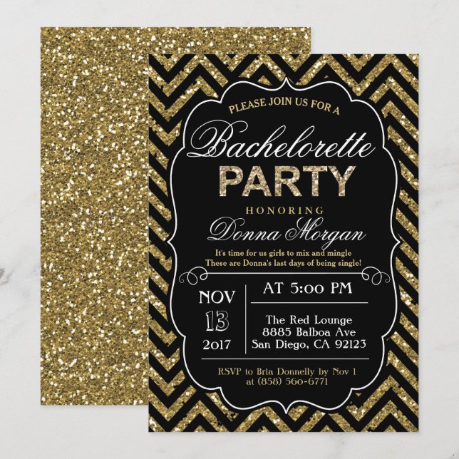 Invitation Bachelorette Party Black & Gold Parties scintillan (Devant / Derrière)