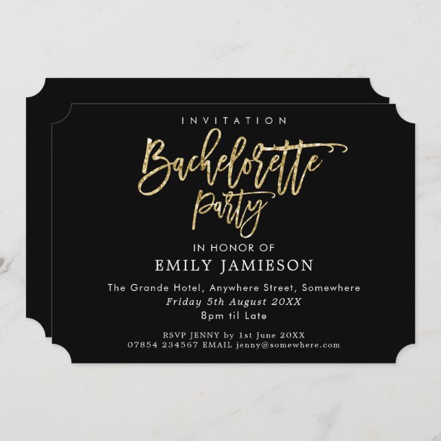 Invitation Bachelorette Party Black Gold Script Typographie (Devant / Derrière)