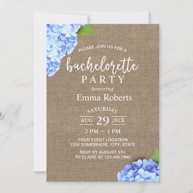 Invitation Bachelorette Party Blue Hydrangea Rustique Burlap (Devant)