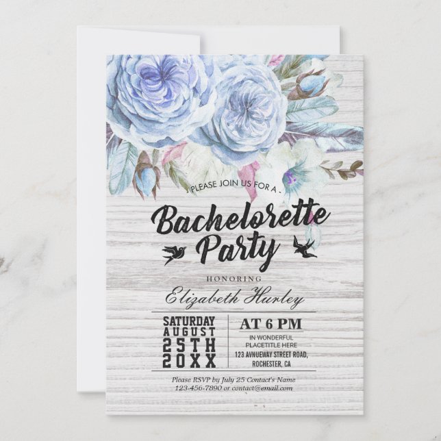 Invitation Bachelorette Party Boho Plumes florales Bois rusti (Devant)
